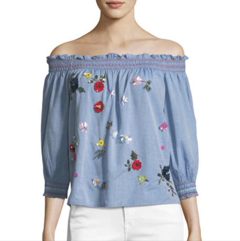 Joie Embellished Floral Beaded Off Shoulder Chambray Peasant Top XS Fairy Y2k